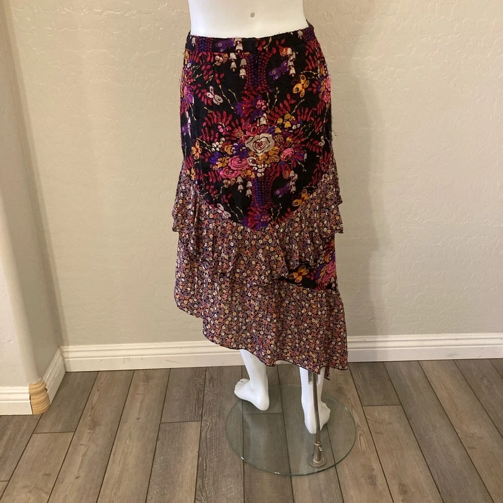 Anna Sui Silk MIDI Length Asymmetrical Floral Skirt Size 6 - Picture 8 of 12